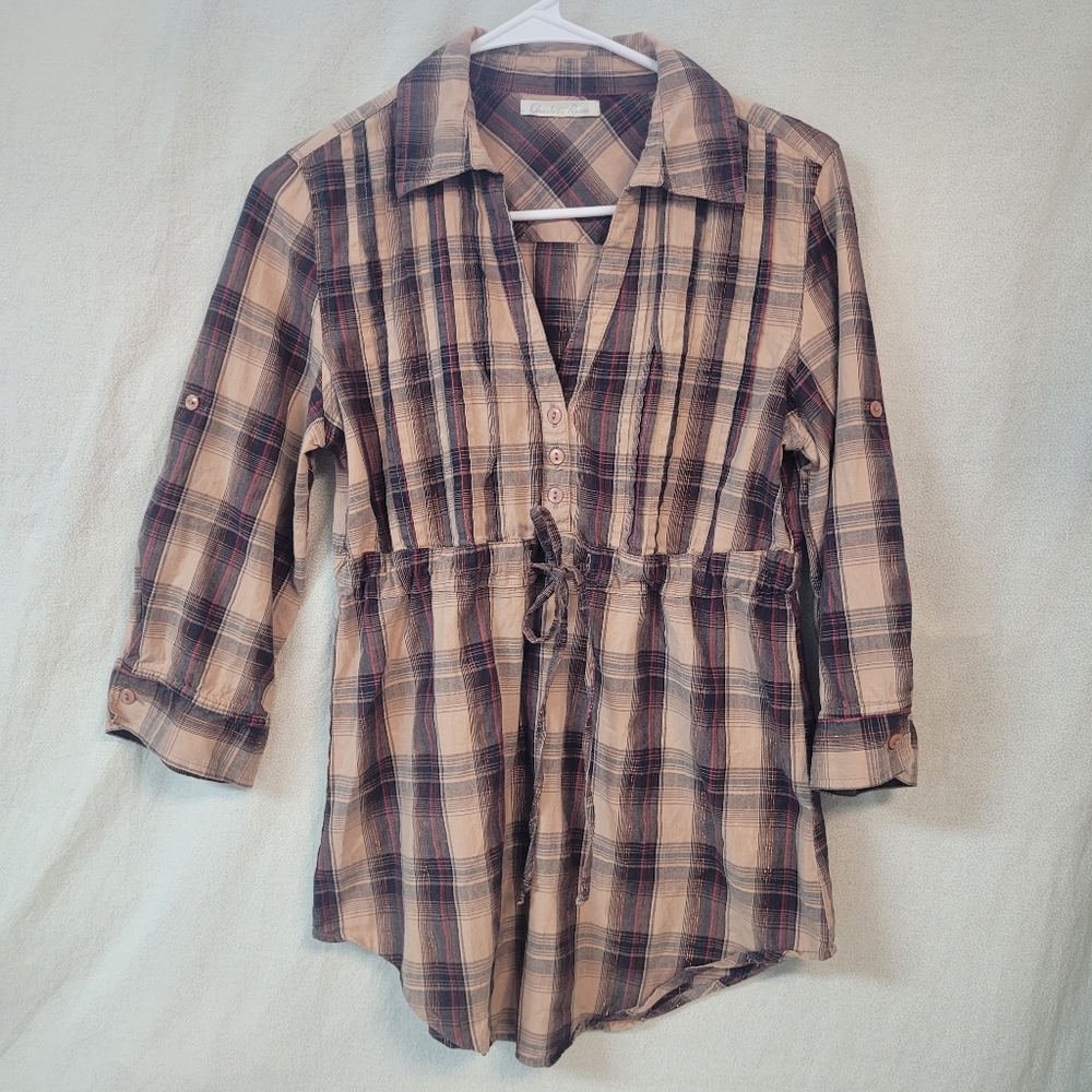 Charlotte Russe Top, Plaid Button-Up Tunic Top, Womens Small, Drawstring, V Neck